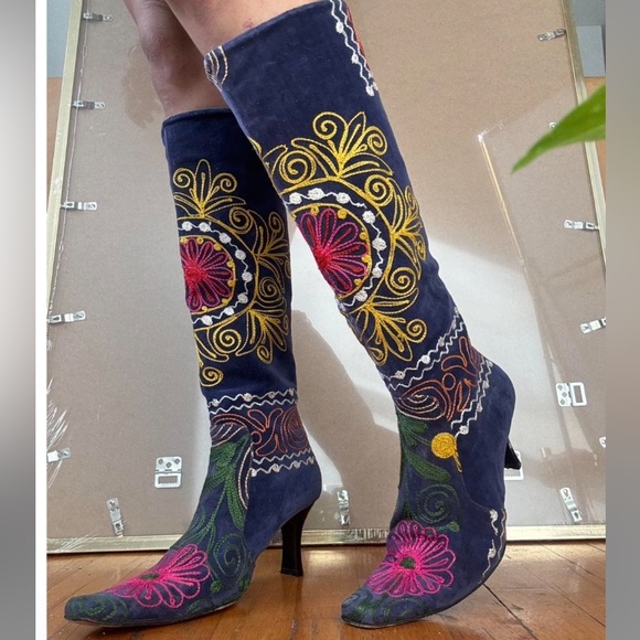 TURKISH 60s NAVY BOHO  western🪬 heeled embroidered BOOTS - Picture 5 of 7
